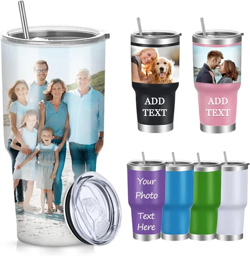Miniatura 9 de Vaso de fotos personalizado de 30 onzas con tapa y pajita, tazas de café de acero inoxidable personalizadas, taza de viaje con nombre de imagen