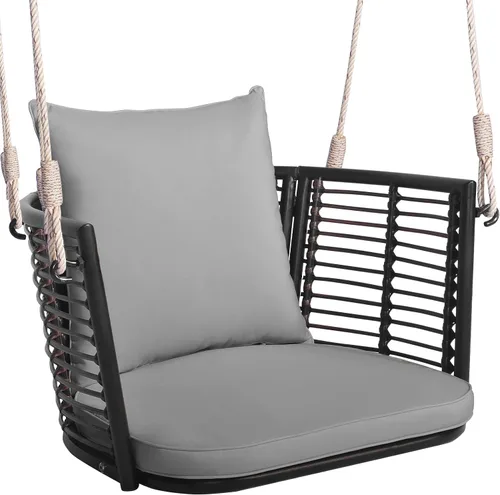 Miniatura 10 de Tangkula - Columpio de ratán con asiento colgante para 1 persona y cojines de asiento y respaldo, marco de metal y 2 cuerdas resistentes para Azul