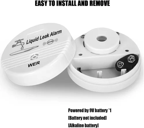 Miniatura 6 de WER Sensor de alarma de fugas de agua, alerta de fugas a batería, detector de agua de 90 dB para sótanos, baños, lavanderías, cocinas, garajes