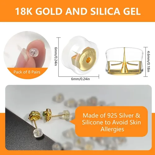 Miniatura 3 de Aretes seguros de oro de 18 quilates para tachuelas, silicona de plata 925, hipoalergénicas, suaves y transparentes, cierres de goma para aretes