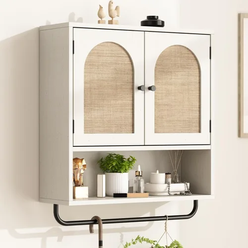 Miniatura 10 de RUSTOWN Gabinete de pared de ratán para baño, gabinete de medicina Boho con 2 puertas arqueadas, gabinetes de almacenamiento sobre el inodoro
