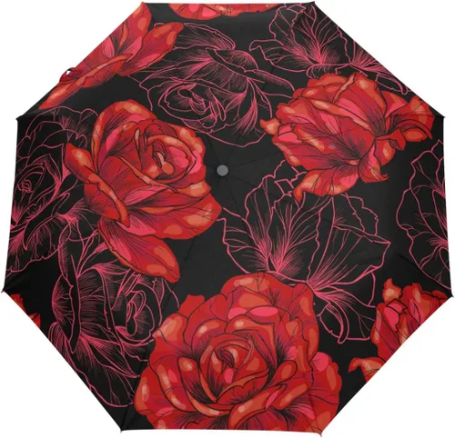 Wamika Paraguas de rosas rojas con diseño de flores de color rojo, cierre abierto, resistente al viento, estilo vintage, ligero y compacto,