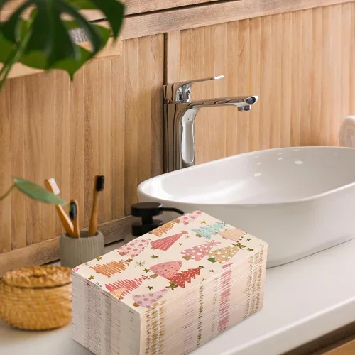 Miniatura 6 de Paquete de 100 servilletas de papel desechables estilo bohemio con árbol de Navidad rosa, servilletas de mano para el hogar, cocina, baño, 13 x 15.7