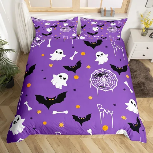 Miniatura 2 de Juego de ropa de cama de Halloween, funda de edredón gótica de murciélagos negros con telarañas, funda de edredón individual, diseño de arañas