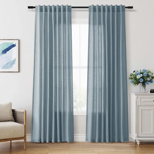 Miniatura 73 de Aersas Aqua Green Linen Curtains 84 Inches Long 2 Panels Set Back Tab Rod Pocket Living Room Curtain Farmhouse Rustic Light Filtering Hook Drapes