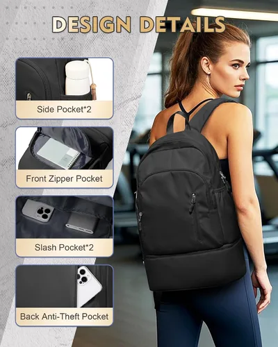 Miniatura 2 de Mochila de gimnasio para mujer, pequeña bolsa de gimnasio con compartimento para zapatos, mochila impermeable para deportes con bolsillo húmedo
