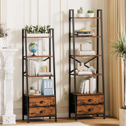 Miniatura 9 de Furologee Estantería de escalera de 4 niveles, estantería pequeña con 2 cajones, organizador vertical de almacenamiento, estanterías rústicas