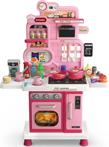 Juego de cocina, juego de cocina para niños con sonido y luz realistas, estufa de cocina, fregadero, comida de juego y accesorios, 57 piezas, Rosa