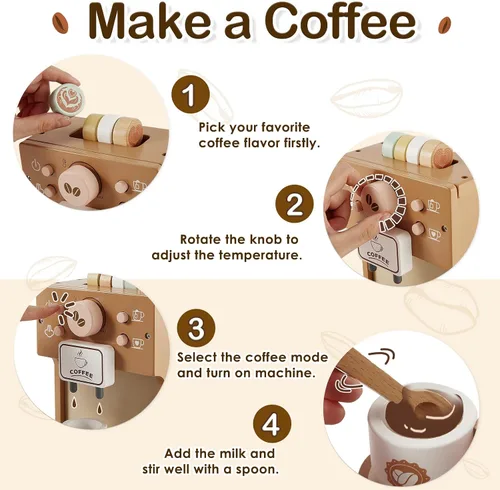 Miniatura 2 de BUYGER Juego de vajilla de cocina con juguete para cafetera, plástico y madera, accesorios de cocina, juguetes educativos de aprendizaje, regalos