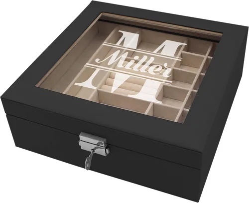 Miniatura 3 de Joyero personalizado con bandeja extraíble, organizador, cerradura, llave y parte superior de cristal, monograma y grabado personalizado