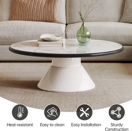 Miniatura 6 de Mesa auxiliar redonda con aspecto de mármol sintético, mesa central blanca con pedestal estable, mesa de comedor moderna de vidrio templado