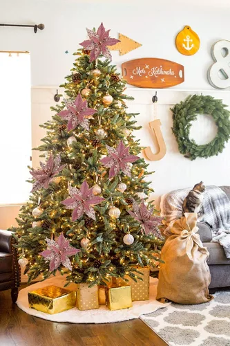 Miniatura 4 de Briful Flores de Pascua con Purpurina Navideñas de Cabezas Grandes de 12 Pulgadas Adornos para Árbol de Navidad Juego de 4 Flores Artificiales