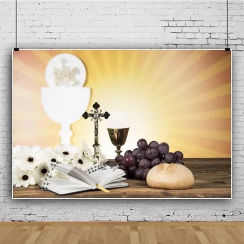 Miniatura 2 de Telón de fondo de poliéster de 5 x 3 pies para fiesta de bautismo, primera comunión, cruz, grial, uvas, pan, cruz dorada, Dios bendiga fotografía