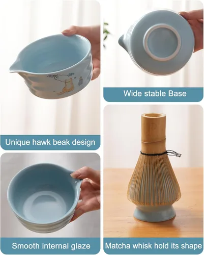 Miniatura 6 de Juego de batidor matcha, juego de kit matcha japonés de 7 piezas con cuenco matcha (chawan), batidor matcha y soporte, cuchara de bambú, Azul