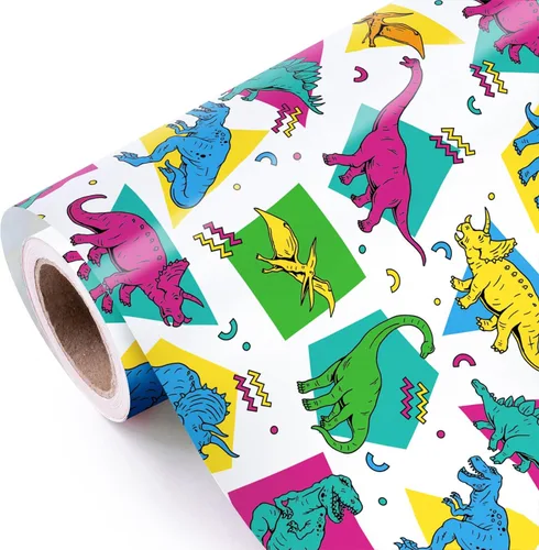 Miniatura 9 de WRAPAHOLIC - Rollo de papel de regalo de dinosaurio - Rollo mini - 17 pulgadas x 33 pies - Papel de regalo de dinosaurio verde, perfecto