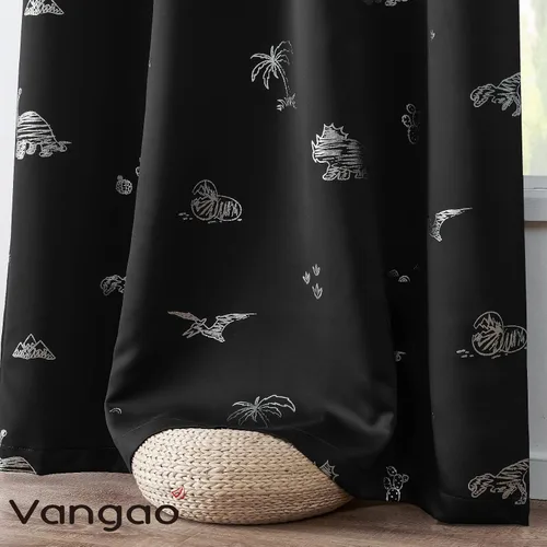 Miniatura 8 de Vangao - Cortinas para niños con impresión de dinosaurio en negro, cortinas opacas para guardería, habitación de niñas y niños, estampado plateado