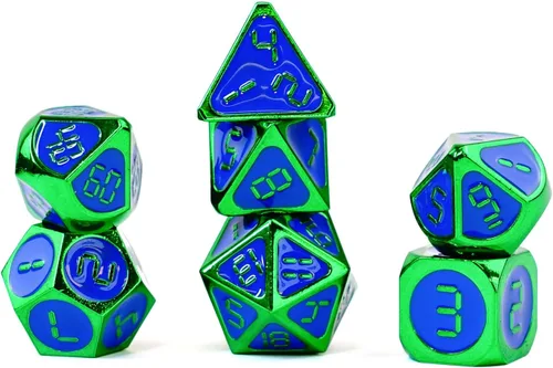 FanRoll - Juego de dados poliédricos de metal de 0.630 in: verde con esmalte azul, dados de juego de rol para Calabozos y Dragones