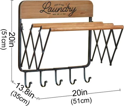 Miniatura 6 de SOFFEE DESIGN Estante de lavandería de acordeón, estantes retráctiles montados en la pared, 3 barras y 5 ganchos para tendedero, toallas para colgar