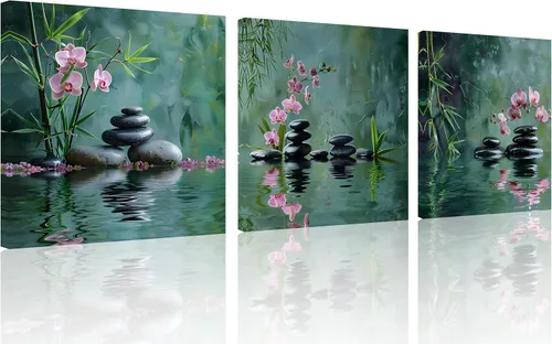 Miniatura 13 de TutuBeer 3 Paneles Arte Zen Decoración Spa Verde Bambú Decoración Rosa Aguas y Frangipani Imágenes Pintura Zen en Lienzo Impresiones Arte Bambú