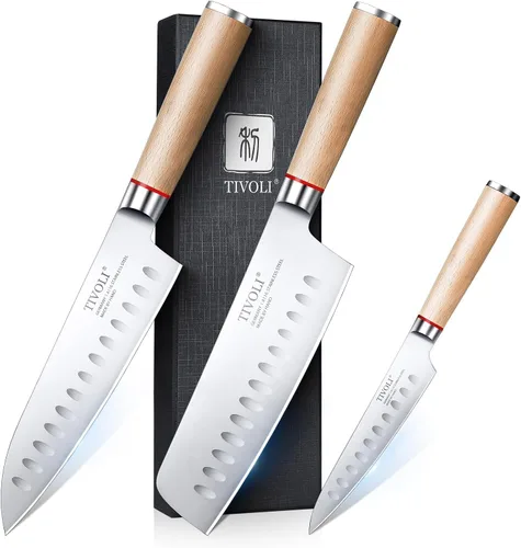 Miniatura 11 de TIVOLI Juego de 15 cuchillos de cocina de acero inoxidable de alto carbono con bloque y barra de afilado, juego de cuchillos negros afilados de alta