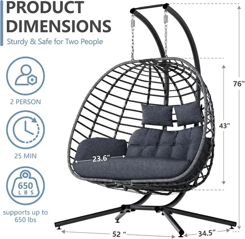 Miniatura 3 de SWITTE Silla doble de columpio en forma de huevo con soporte, hamacas de mimbre colgantes para patio al aire libre de 2 personas con cojín para Gris