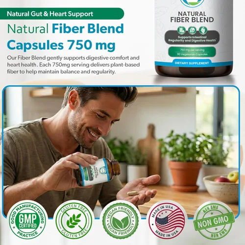 Miniatura 5 de Suplemento de fibra 3 en 1, mezcla orgánica de 750 mg con cáscara de psyllium, chía y semillas de lino, cápsulas de fibra a base de plantas