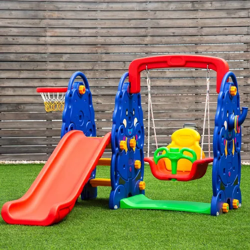Miniatura 2 de HONEY JOY Juego de columpio y tobogán para niños pequeños, 4 en 4 juegos de escalador con aro de baloncesto, tobogán extra largo con zona