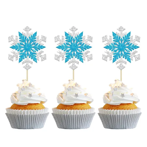 Miniatura 10 de Gyufise Paquete de 24 adornos de copos de nieve Oh Baby para cupcakes con purpurina azul Frozen Oh Baby Pick Decoraciones para baby shower