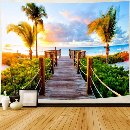 Delur Tapiz de playa y puesta de sol tropical, palmera, costero, tapiz para colgar en la pared, paisaje natural, cabecero psicodélico escénico para