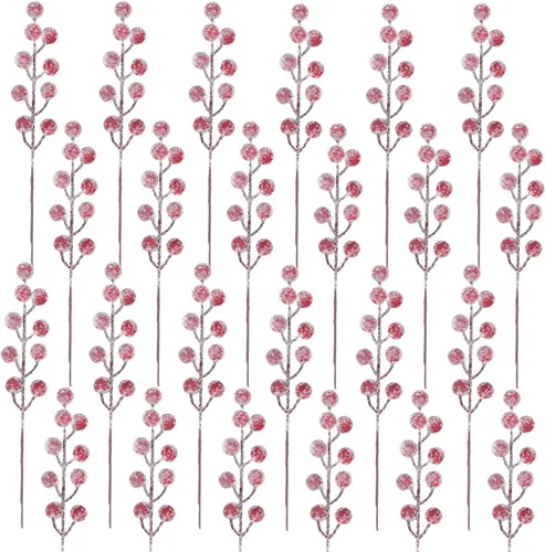 Miniatura 5 de 24 Piezas Tallos Artificiales de Bayas de Acebo de 9" Selecciones de Bayas de Navidad Rociadores Bayas Rojas Falsas Nevadas para Ramas de Árbol
