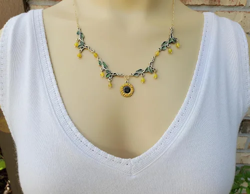 Miniatura 3 de Green Leaf and Sunflower Necklace w/Agate Bead Dangle - Hand Painted Sunny, Golden Yellow Flower and Leafy Green Necklace - Nature Colors Jewelry