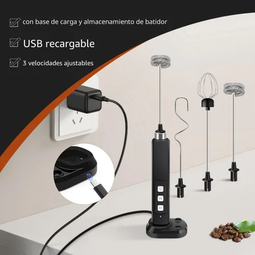 Miniatura 3 de Espumador de leche recargable de mano con 3 batidores de acero inoxidable desmontables, mezclador de bebidas ajustable de 3 velocidades, mini varita