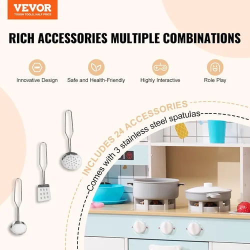 Miniatura 2 de VEVOR Juguete de cocina de madera para niños con luces y sonidos, cocina para niños pequeños con máquina de hielo, horno, fregadero, microondas