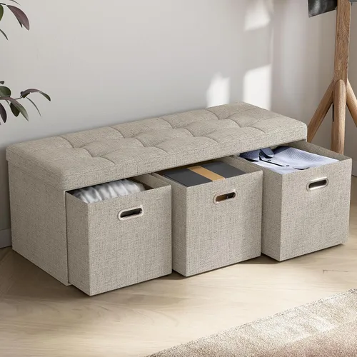 Ornavo Home Otomana de Almacenamiento con 3 Cajones, 40 Pulgadas de Largo, Plegable, Acolchada, de Lino, Banco Otomana Grande con Almacenamiento,
