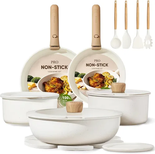 CAROTE Juego de 19 piezas de ollas y sartenes antiadherentes, juego de utensilios de cocina con mango desmontable, ollas y sartenes de cocina de