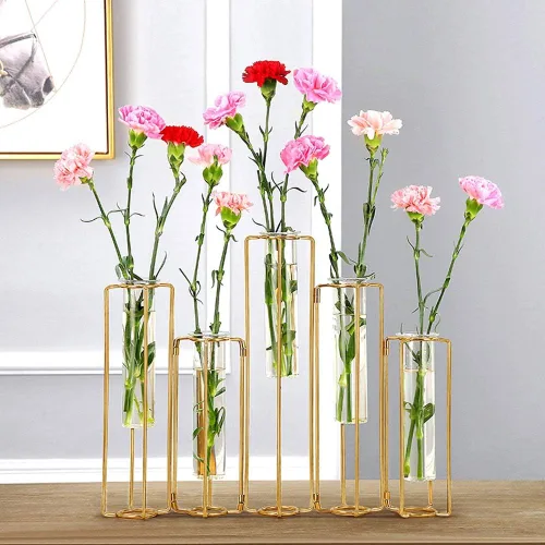 Miniatura 3 de HelloHome Florero con bisagras, jarrón con marco de metal negro con 5 tubos de ensayo, soporte para plantas de estación de propagación, decoración