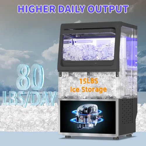 Miniatura 2 de Máquina de hielo comercial de pepitas de 80 libras/24 horas con almacenamiento de 15 libras, máquina de hielo de pellets de acero inoxidable, lista