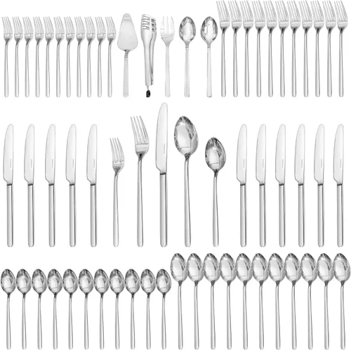 KINGSTONE Juego de cubiertos con utensilios para servir, cubiertos de 65 piezas para 12, 18/10 cubiertos con juego de utensilios de servicio de 5