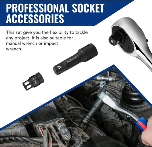 Miniatura 7 de WORKPRO Juego de extensión de enchufe de impacto de 18 piezas, incluye adaptadores de enchufe, juego de extensión de trinquete, barra de extensión