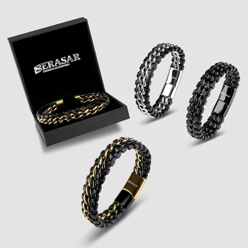 Miniatura 7 de SERASAR Premium Genuine Leather Bracelet Steel for Men in Black Magnetic Stainless Steel Clasp in Black, Silver and Gold Exclusive Jewelry Box