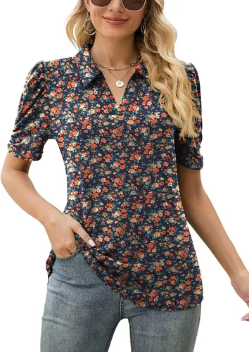 LOMON Camisas tipo polo de manga corta para mujer, cuello en V, estilo casual, blusas tipo túnica para el trabajo