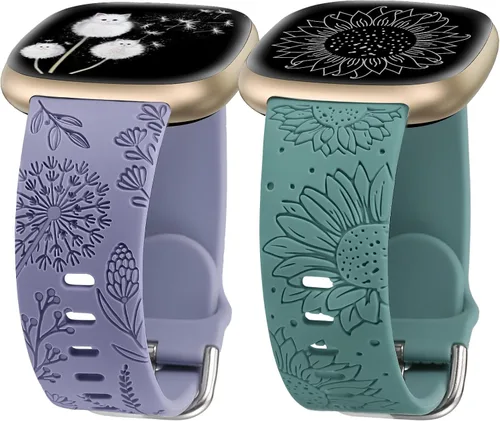 Miniatura 14 de Minyee Paquete de 2 correas grabadas florales compatibles con Fitbit Versa 4/Versa 3/Sense 2/Sense Band para mujer, lindo diseño de girasol