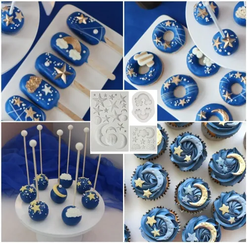 Miniatura 4 de Moldes de silicona con diseño de estrellas, luna y sol, para fondant de arcoíris, para chocolate, caramelo, goma de goma, herramientas de decoración