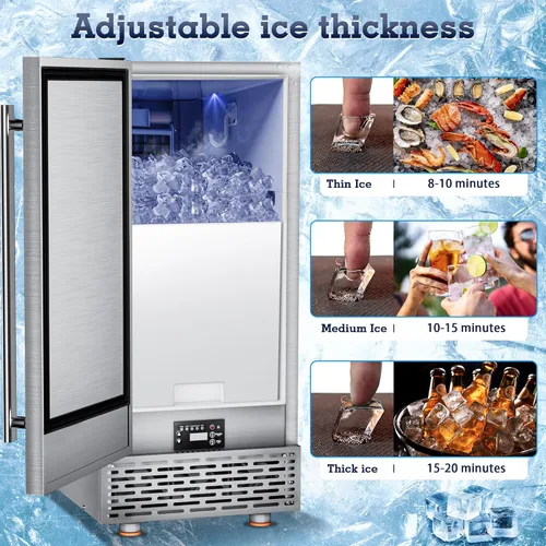 Miniatura 7 de Máquina comercial para hacer hielo debajo del mostrador, 88 libras/día con almacenamiento de 55 libras, máquina de hielo independiente de acero