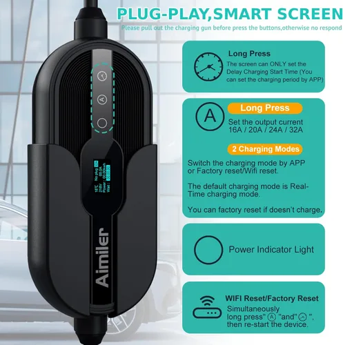 Miniatura 3 de AIMILER Cargador de Vehículo Eléctrico (EV) Nivel 2 (APLICACIÓN WIFI/Conexión Plug-play), 32A, Cable de 25 pies Certificado ETL, 220V-240V NEMA