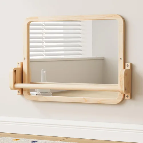 Woodtoe Espejo Montessori con barra, juguetes ajustables para bebés, marco de madera maciza sin pintar natural y barra de dominadas para bebés,