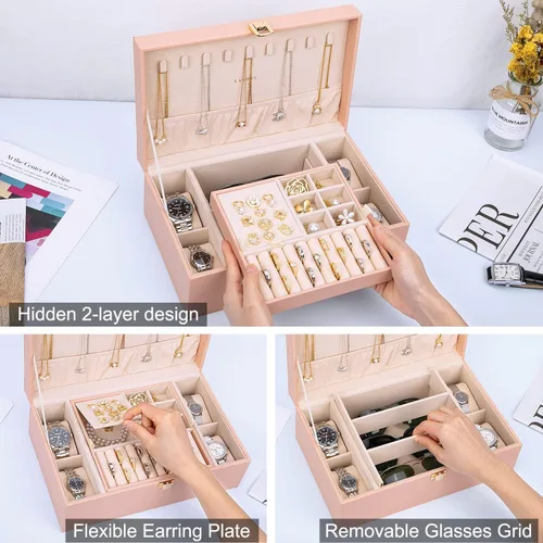 Miniatura 2 de LANDICI Joyero organizador para mujeres y niñas, caja grande de 2 capas para reloj con bandeja extraíble, soporte de almacenamiento de joyas de piel
