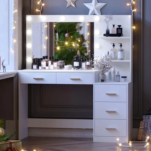 Miniatura 3 de Rovaurx Mesa de tocador de maquillaje blanca de 46.7 pulgadas con espejo iluminado, escritorio grande con estante de almacenamiento y 5 cajones