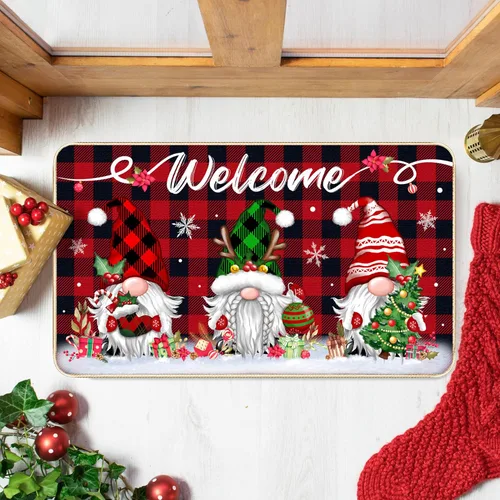 Miniatura 2 de TREWAVE Tapete Decorativo de Bienvenida Navideño Tapete de Puerta con Gnomo Navideño Base Antideslizante de Goma Tapete de Piso Estacional
