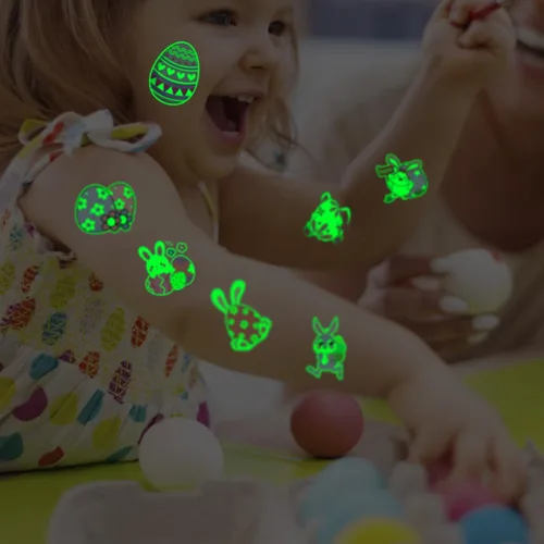 Miniatura 5 de CHARLENT Tatuajes temporales de Pascua que brillan en la oscuridad para niños, rellenos de cesta de Pascua, 74 hojas individuales, tatuajes